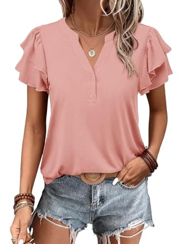 Cuptacc Womens Tops Summer Ladies T-Shirts Elegant V Neck Daily Coral M