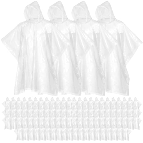 SOL 96pk Rain Ponchos - Clear Waterproof Disposable Raincoats Bulk