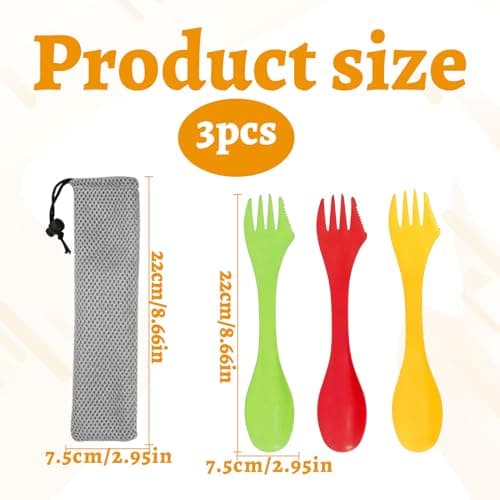 Watlikeup 3pcs Sporks Plastic 3-in-1 Camping Cutlery Set, Portable Camping Spork, Spoon Fork with Carry Pouch for Backpacking Hiking Outdoors, Travel (3 Pack, Multiple Colors) — view 2