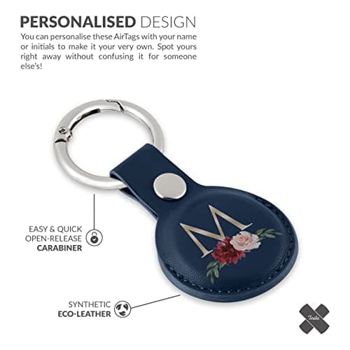 Tirita Personalised Case Keyring Holder Compatible with Apple AirTag 1 & 2 - Leather Case with Key Ring for Apple Air Tag [09- Roses Monogram Gold on Blue] — view 5