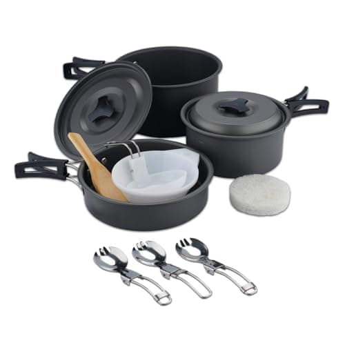 ISFORU Camping Cookware Set 13PCS Non-Stick Camping Pots and Pans Cookware Set with Plastic Bowls and Utensils, Compact Cooking Kit for Hiking, Backpacking & Survival (Pots & Pan Set)