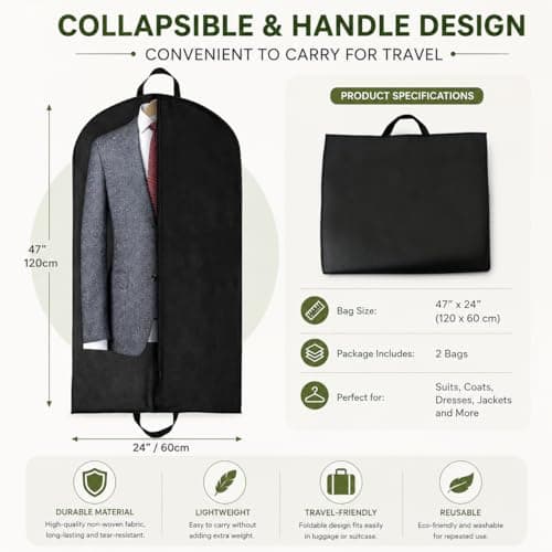Yelinosk 2 PCS Black Suit Bag for Man 60x120cm, Dust Cover, Carrier, Storage Bag for Coats, Tuxedo - Reusable Full Zipper Garment Bag for Travel or Home — view 2