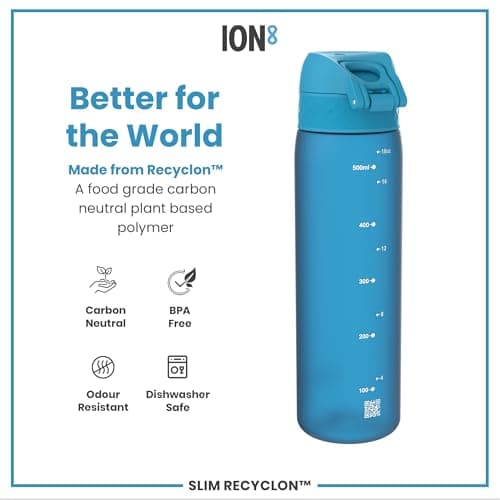 Ion8 Water Bottle, 500 ml/18 oz, Leak Proof, Easy to Open, Secure Lock, Dishwasher Safe, BPA Free, Hygienic Flip Cover, Carry Handle, Fits Cup Holders, Easy Clean, Carbon Neutral, Blue — view 5