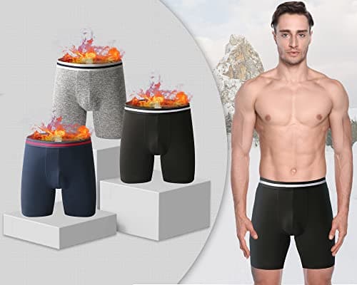 Nuofengkudu Mens Thermal Seamless Boxer Briefs Long Leg Warm Underwear 3D Pouch Bulge Support Stretch Waistband Comfy Trunks Winter Male Classic Anti-Chafing Underpants E 3 Pack Black Grey Blue XL — view 4
