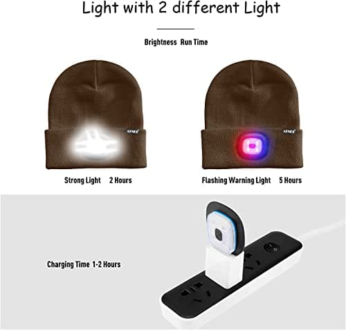 ATNKE LED Lighted Beanie Cap,USB Rechargeable 4 LED Red and Blue Glow Flashing Running Headlamp Hat Winter Warm Gifts for Men and Women/Coffee — view 6