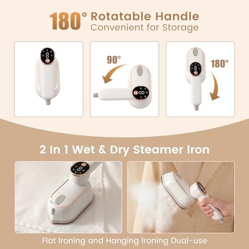 Travel Steam Iron for Clothes, 180°Folding Portable Steam Iron with LCD Screen, 10s Fast Heat-up 3 Steam Levels Wrinkles Remover Handheld Garment Steamer or Travel, Home, Office — view 3