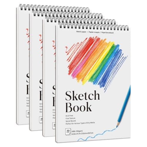 4 Pack A5 Sketch Books, 100gsm Sketchbook for Drawing, Spiral Drawing Book
