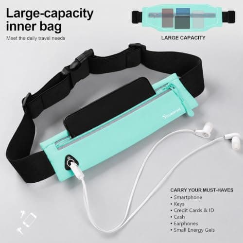 Running Belt for Men & Women, Slim Bum Bag & Running Phone Holder, No Bounce Waist Pack, Water Resistant Reflective Running Pouch, Adjustable Fitness Belt Fits All Smartphones(Light Green) — view 6