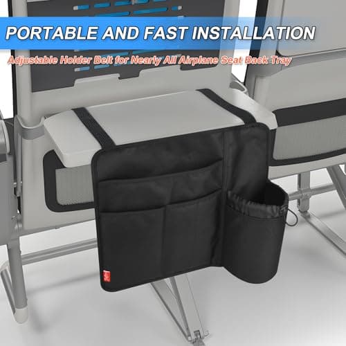 Airplane Seat Back Organizer & Storage, Airplane Tray Table Cover for Personal Items, Airline Seat Hanging Pockets Media Pouch,Reusable Travel Essentials, Fits Tablets, Cell Phone,Water Bottle (Black) — view 3