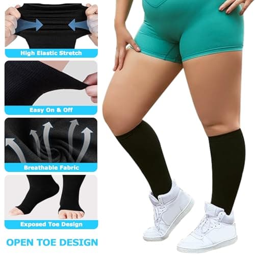 UZSUZZ Plus Size Compression Socks for Women Men, 2 Pairs 15-20 mmHg Graduated Compression Support Stockings, Wide Calf Open Toe Knee High Stockings for Running Flying Pregnancy Nurse Travel Edema — view 2