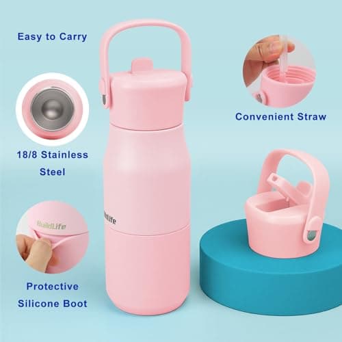 Kids Insulated Water Bottle 400ml, Leakproof Stainless Steel Thermal Bottle with Straw & Cleaning Brushes, BPA-Free, Lightweight Travel Flask for School, Nursery & Outdoor(Light Pink) — view 3
