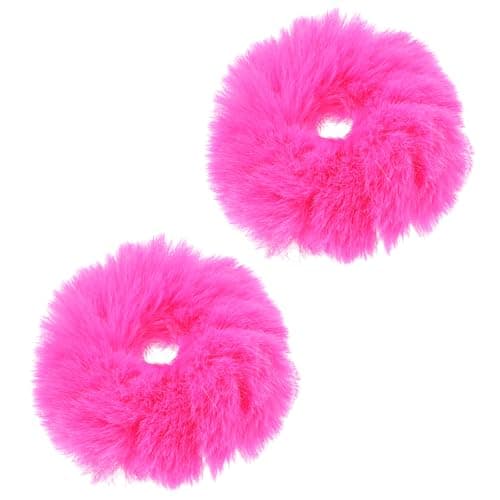 PEOVLVN 2 Pcs Hot Pink Scrunchies, Pom Pom Hair Ties Fuzzy Scrunchies