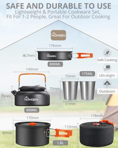 HOMGEN Camping Cooking Set Camping Pots and Pans Set Aluminium Camping Cookware Kit Protable Cooking Mess Kit Lightweight Camping Cooking Equipment for 2-3 People Perfect for Camping Picnic Hiking etc — view 2