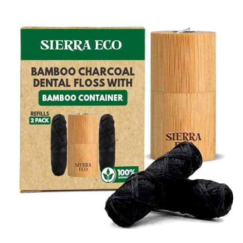 SIERRA ECO Bamboo Charcoal Dental Floss with Bamboo Container Refills – Mint Flavoured Biodegradable Floss – Refillable Dental Hygiene Kit – Plastic Free Compostable Oral Care