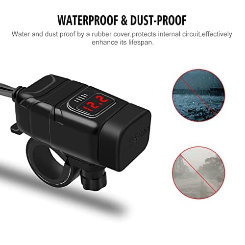 Kriogor Motorcycle Car Charger with QC 3.0 USB Socket and Type-C Port, IP65 Waterproof Dustproof Motorbike USB Adapter with 6-30V LED Voltmeter and On/Off Switch for 12V Boat Marine SUV (Red) — view 3