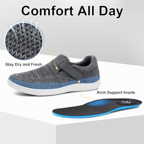 Men's Wide Walking Shoes Extra Wide Adjustable Slip On Orthopedic Barefoot Zero Drop Sneakers for Swollen Feet (Grey, Adult, Men, 8.5, Numeric, UK Footwear Size System, Wide) — view 5