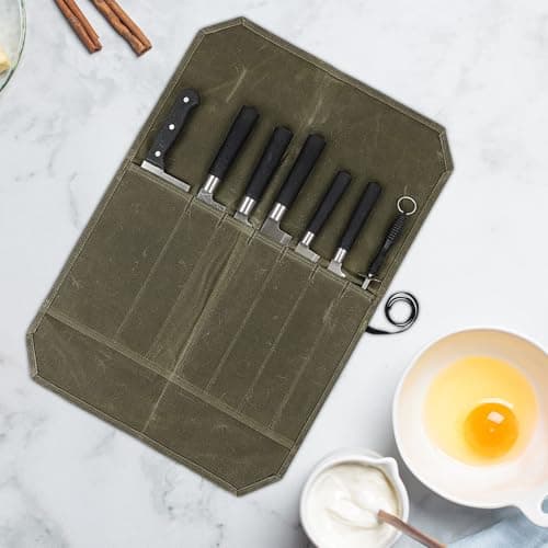 GYMMFK Knife Roll for Chefs, 7 Slots Waxed Canvas Knife Bag Case for Pro Chefs or Culinary Enthusiasts, Large Capacity Easy Carry (Army Green) — view 6