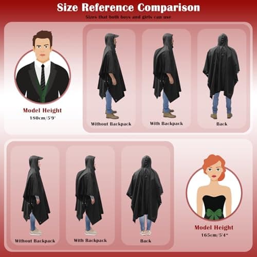 LEEPAT Waterproof Rain Poncho Adult Lightweight Reusable Hiking Rain Coat Jacket with Hood for Outdoor Hiking Camping Cycling Traveling (Black) — view 6