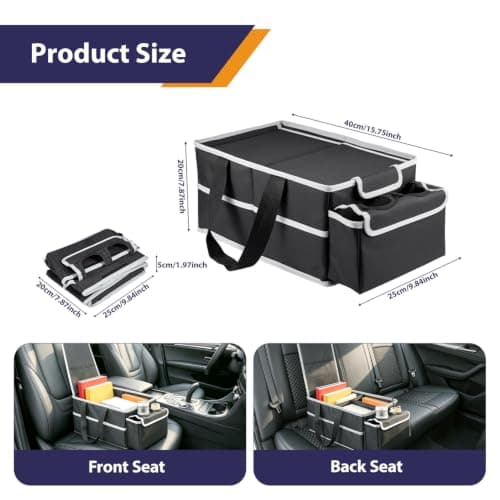 BREEZENEST Car Seat Organizer Foldable Storage Bag with Lid & Cup Holders Multi-Compartment Back Seat Organizer Durable Oxford Fabric Car Interior Accessories for SUV Truck RV Black — view 2