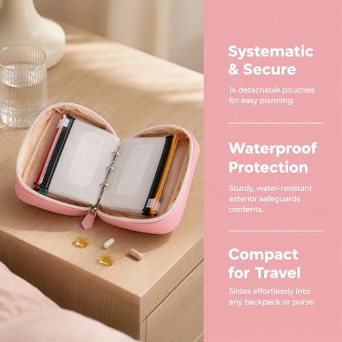 A8 Waterproof Pill Organizer Set,Pill Organiser with 14 Color-Coded Pill Pouch,7-14 Day Zipper Pill Pouches for Travel,Reusable Weekly Medicine Organiser Binder,Portable Dosset Box for Vitamin (Pink) — view 2