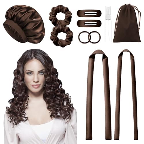 MZinge Heatless Hair Curler Set, Overnight Curling Rods 2 Sizes (1.5inch & 0.5inch) for All Hair Types, No Heat Damage, Complete Styling Kit with Sleep Cap & Storage Bag for women gifts (Brown)
