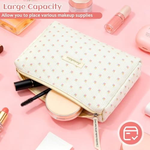 Travel Toiletry Bag, Cotton Floral Travel Makeup Bag, Portable Cosmetic Bag, Traveling Makeup Storage Bag for Women Girls (Flower-Beige) — view 5
