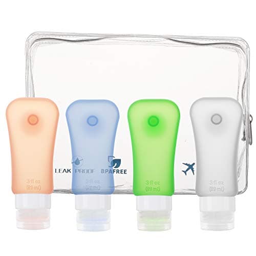 MoKo Travel Bottles 4 Pack, Leak Proof BPA Free & FDA Approved Refillable Cosmetic Toiletry Containers, Silicone Travel Bottles Set with Suction Cup for Shampoo Lotion Conditioner & More, 3.1 oz(89ml)