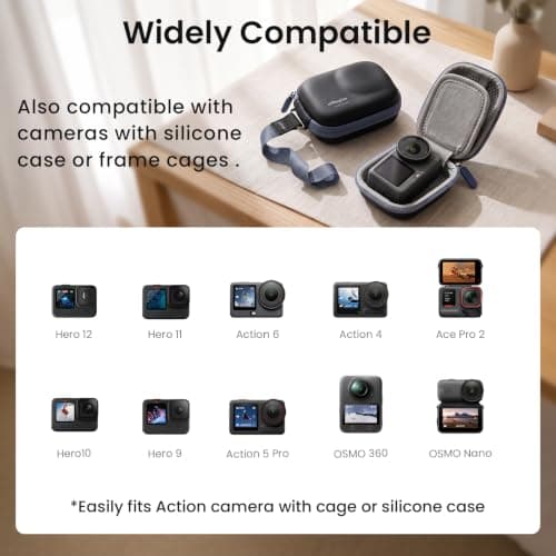 aMagisn Waterproof Mini Carry Case for DJI Osmo Action 6/5 Pro/Nano,Insta360 Ace Pro2/Go Ultra,GoPro 13/12, PU Leather Travel Storage Bag with Plush Lining, Mesh Pocket,Wrist Strap & Carabiner (Black) — view 5
