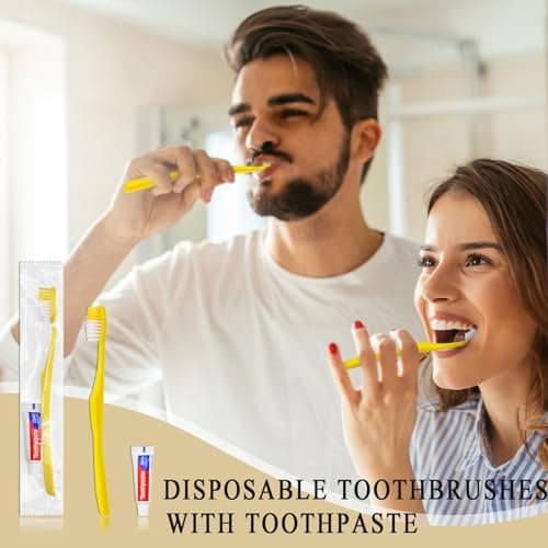 Hotel Toothbrush Set,200Pack Yellow Hollow Travel Toothbrush Set Individually Wrapped Disposable Toothbrushes with Toothpaste for Hotel,Homeless,Nursing Home,Charity — view 2