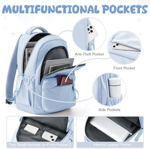 HYC00 Laptop Backpack for Women School Bags for Teen Girls Boys College High School Backpack Travel Work Rucksack Bag for Women Casual Daypack Water Resistant 14 Inch Laptop Rucksack Bookbag, Sky Blue — view 4