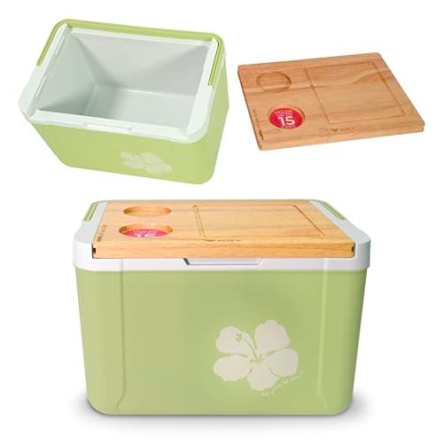 Roxy 15 Qt Portable Hard Cooler with Sliding Wooden Lid and Cutting Board, Insulated Ice Chest for Beach, Picnic, Camping and Travel, Forest Mint Green
