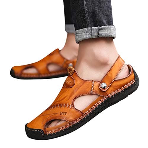 Summer Men'S Casual Leather Sandals, Outdoor Beach Shoes Leather Outdoor Hiking Sandals Closed Toe Casual Walking Sandals Beach Summer Sandals For Hiking Trekking Breathable Travel Slippers — view 6