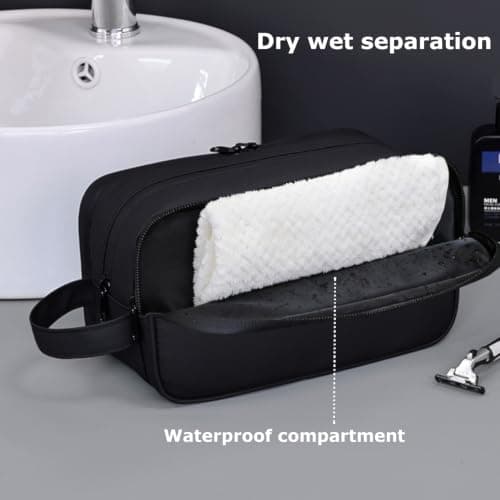 Men's Wash Bag, Water-Resistant Travel Toiletry Bag & Wet Pocket, Black — view 4