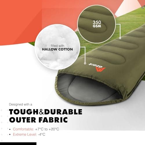 azark Premium Single Sleeping Bag, 350GSM, Lightweight and Waterproof, 4 Seasons of Camping, Hiking and Outdoors, Sleeping bag for Adults & Kids (Green) — view 4