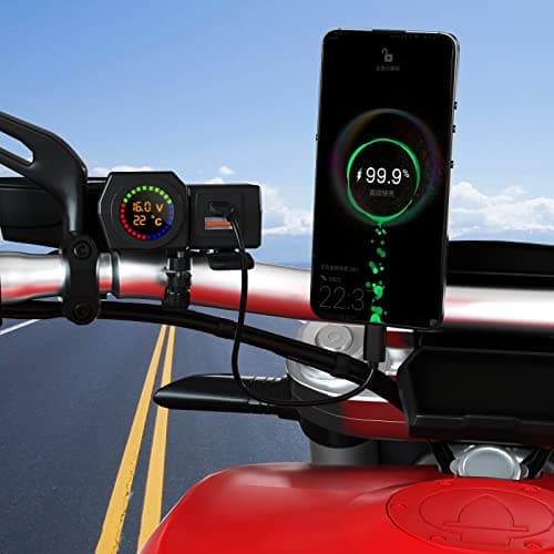 Motorcycle USB Charger Waterproof, Dual Quick Charge Ports - 5V 3.4A/3A USB and Type-C PD, Motorbike Handlebar Adapter Charger Socket with Power Switch, Voltmeter & Thermometer for Phone, Tablet, GPS — view 6