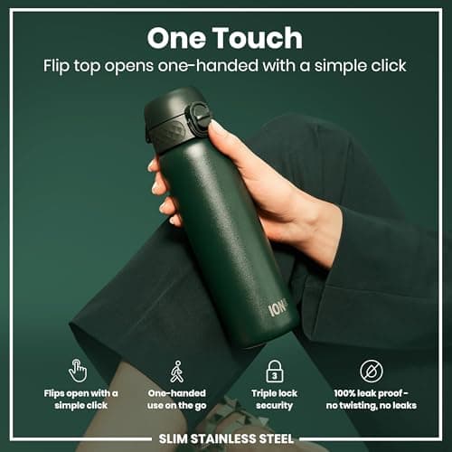 Ion8 Lightweight Steel Water Bottle, 600 ml/20 oz, Non-Insulated, Leak Proof, Easy to Open, Secure Lock, Dishwasher Safe, Flip Cover, Fits Cup Holders, Carry Handle, Metal Water Bottle, Dark Green — view 3