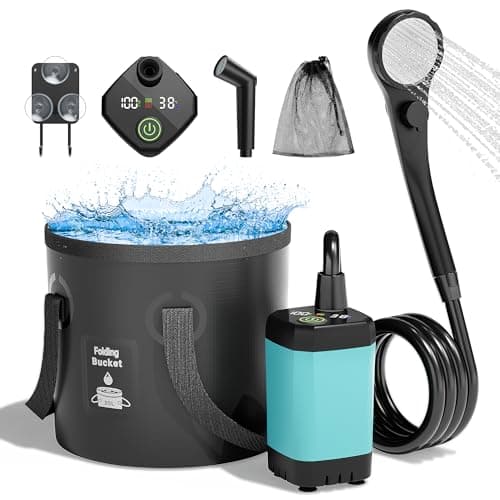 Mytrix Upgraded Portable Camping Shower Full Set, 6000mAh Rechargeable Power Suction Pump with Smart Display, Multi-Modes Spray Head & 5 Gal Water Foldable Bucket for Outdoor Travel Hiking, Blue