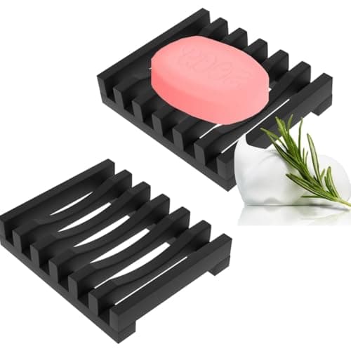 ZHjuju Soap Dishes,2 Pcs Soap Dish with Drain Spout Silicone Rubber Drainer Dishes Soap Holder Soap Tray Soap Case Holder for Kitchen Shower Room Bathroom,Black — view 4