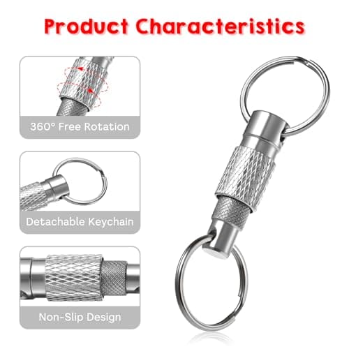 Quick Release Keyring, Detachable Keyring Quick Pull Apart Keychain with 2 Split Rings, Metal Quick Release Keyrings for Men Car Purse Bag Belt Accessories (Black Silver, 2Pack) — view 3