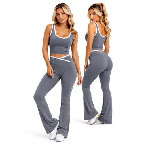 Grey Womens Summer Gym Set 2 Piece Activewear – Removable Sports Bra Pads & High Waist Flared Leggings – Stretch Yoga Workout Outfit – Supportive Fitness Co Ord Set S/M (UK 6–10)