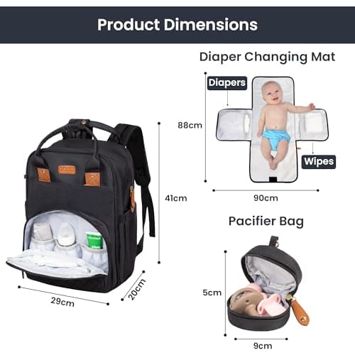 ASAB Baby Changing Backpack with Changing Mat Pacifier Holder Waterproof Diaper Nappy Changing Bag with Adjustable Stroller Straps Multi Pockets Double Zipper Baby Bag for Mum and Dad (Black) — view 4