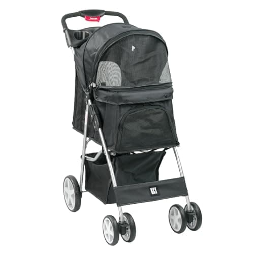 KCT Hooded Foldable Pet Dog Cat Stroller Black- 4 Wheel Travel Carriage with Safety Leash, Canopy, Cup Holder, Storage Tray