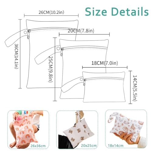 Treer 3 PCS Wet Bags Baby Cloth Nappy Wet Bag Waterproof Reusable Pastoral Style Print Diaper Bags with Zipper,Wet Dry Organizer Bag for Swimming, Baby Diaper, Travel Beach (Khaki Goose) — view 2