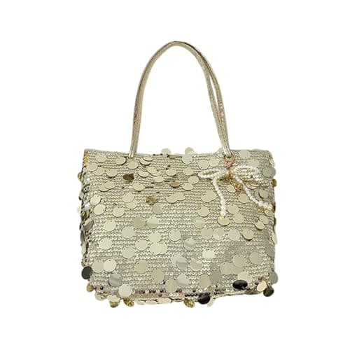 [Uitndvyte] Large Capacity Glitter Sequin Tote Bag Trendy Shoulder Bag Purse Handbag Shopping Beach Closure Large Capacity Hobo Bag, gold