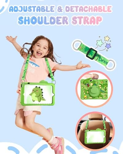 Kokaade for iPad 9th/8th/7th Generation 10.2 Inch Case (2021/2020/2019) - Cute Cartoon Green Dinosaur with Shoulder Strap & Rotating Stand for Boys Girls Teens Soft Silicone — view 5