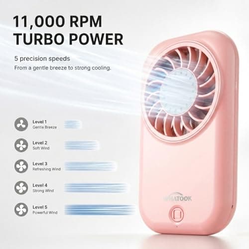 WHATOOK Mini Handheld Fan: 0.59in Ultra-Slim & 0.12lbs Light Pocket Fan,11000 RPM Turbo Power,5 Speeds,USB-C Rechargeable Portable Small Personal Fan for Travel Essentials,Outdoor,Women Makeup & Lash — view 3