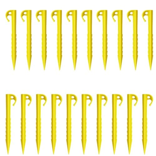 20 Pack Plastic Tent Pegs, Heavy Duty Spiral Ground Anchors for Hard Ground, Garden Pegs for Tents, Awnings and Camping Use with Hook Top for Secure Anchoring