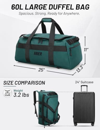 MIER Men's 60L Gym Duffle Bag Large Weekender Travel Duffel Backpack, Dark Teal, 25.5 inches x 13.3 inches x 11 inches, Casual — view 4