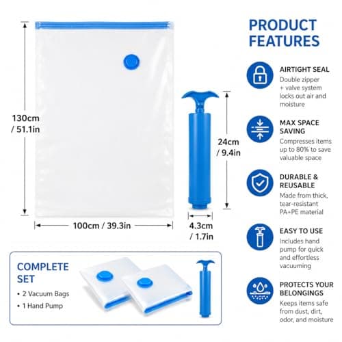 2 Pack Vacuum Storage Bags, 100 x 130cm Extra Large Reusable Vacuum Seal Bags with Hand Pump, Airtight Double Zip Seal Space Saver Bags for Clothes, Duvets, Bedding & Travel — view 2