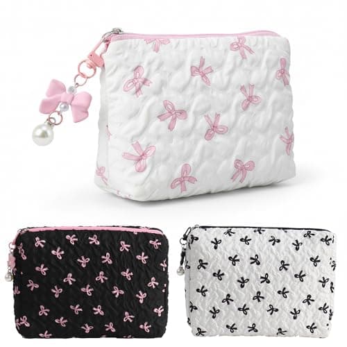 3 PCS Small Makeup Bag for Handbag Set, Cute Travel Cosmetic Pouch with Bow Pattern, Portable Toiletry Organizer for Women & Girls, Cosmetic Bag for Daily Outings & Home Storage (Black+White+Pink)